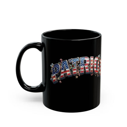 Patriot Christmas Black Coffee Mug - Flag Letters with Holly & Candy Canes | 11oz & 15oz