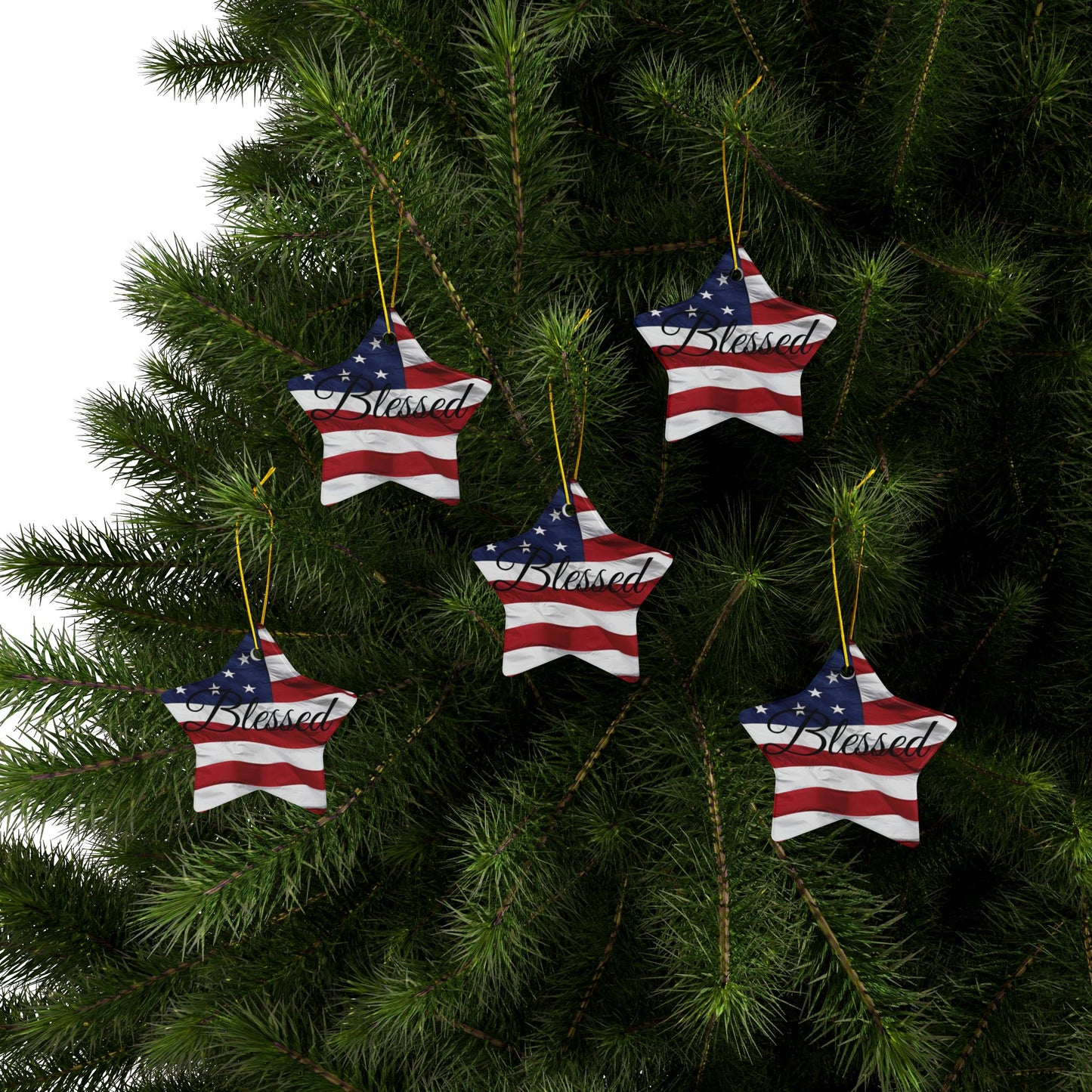Ceramic Ornaments - Patriotic - Blessed Print - American Flag Backdrop - Red White & Blue