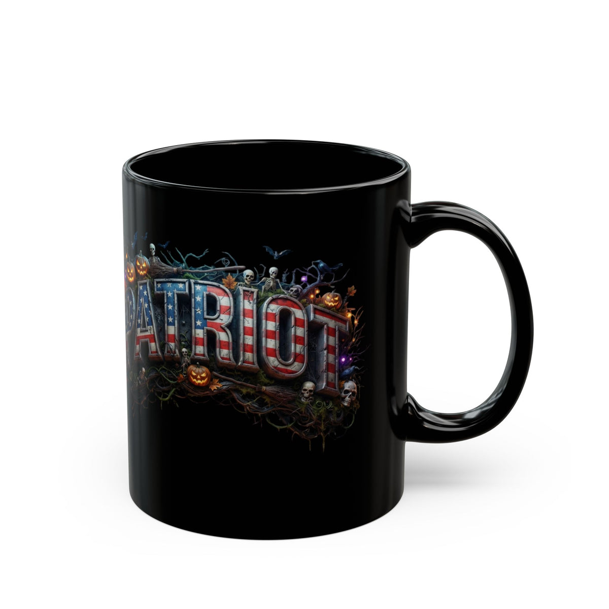 Patriot Halloween Black Coffee Mug - Skeleton Pumpkin Panoramic Flag Graphic | Spooky Edition | 11oz & 15oz