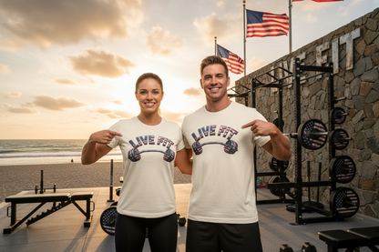 LIVE FIT American Flag Barbell T-Shirt | Patriotic Gym Tee – LIVE FIT