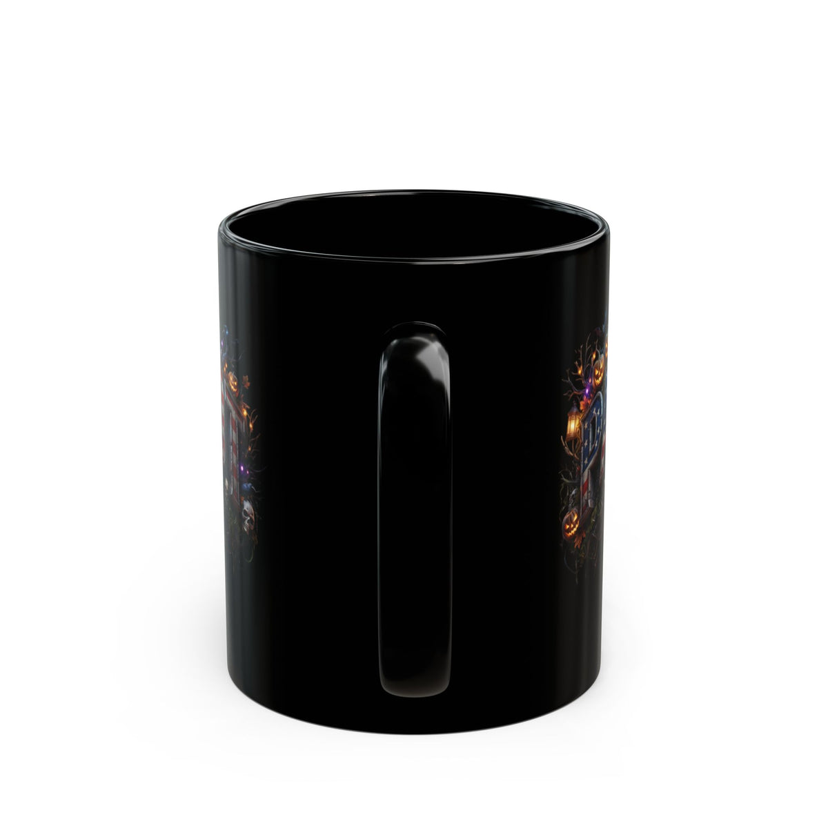 Patriot Halloween Black Coffee Mug - Skeleton Pumpkin Panoramic Flag Graphic | Spooky Edition | 11oz & 15oz