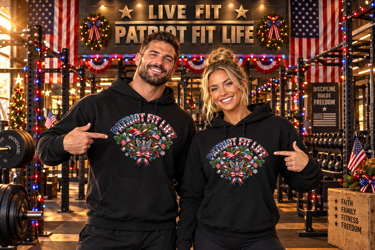 Patriot Fit Life Christmas Gym Hoodie - Eagle Barbell Wreath Americana Graphic | Unisex S-5XL