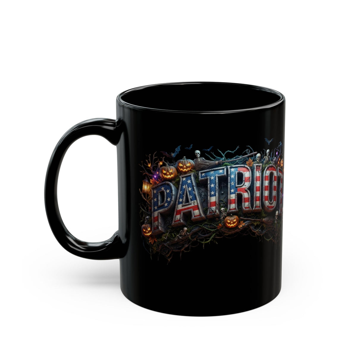 Patriot Halloween Black Coffee Mug - Skeleton Pumpkin Panoramic Flag Graphic | Spooky Edition | 11oz & 15oz