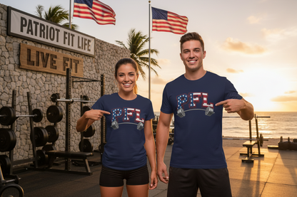 A navy blue short-sleeve t-shirt with a graphic on the chest featuring the letters 'PFL' filled with an American flag pattern and a barbell graphic underneath.