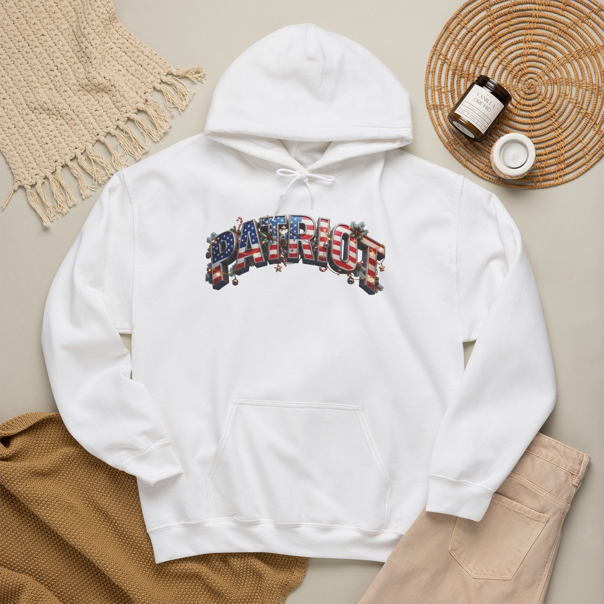 Patriot Christmas Hoodie - Flag Letters with Ornaments | Clean Minimal Graphic | Unisex S-5XL