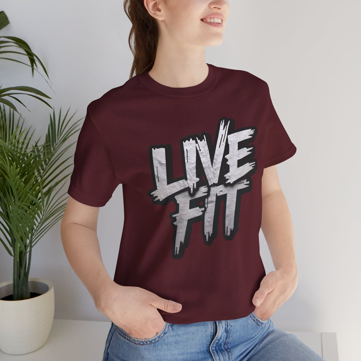 LIVE FIT Unisex Jersey Tee - Fitness Shirt - XS - 4XL -  Workout Apparel -  Motivational T-Shirt - Casual Wear - Gift for Fitness Enthusiasts