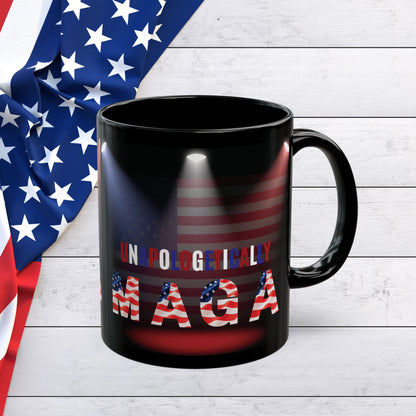 Unapologetically MAGA - Red White Blue - American Flag Spotlight Design - USA Pride - Sleek Black Ceramic Mug - 11oz - 15oz