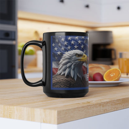 Patriotic USA Bald Eagle Ceramic Coffee Mug – Red, White & Blue American Flag Cup – Black Ceramic 11oz & 15oz – Veterans Day Gift, Independence Day Decor