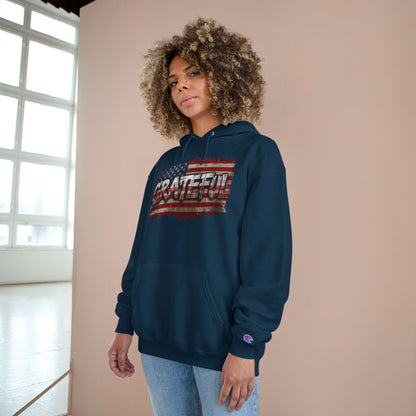 Champion Hoodie - Grateful American Flag - Red White Blue Backdrop
