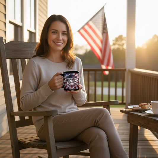 This Is The Turning Point! - Charlie Kirk - Patriotic - American Flag Backdrop- Sleek Black Ceramic Mug - 11oz - 15oz