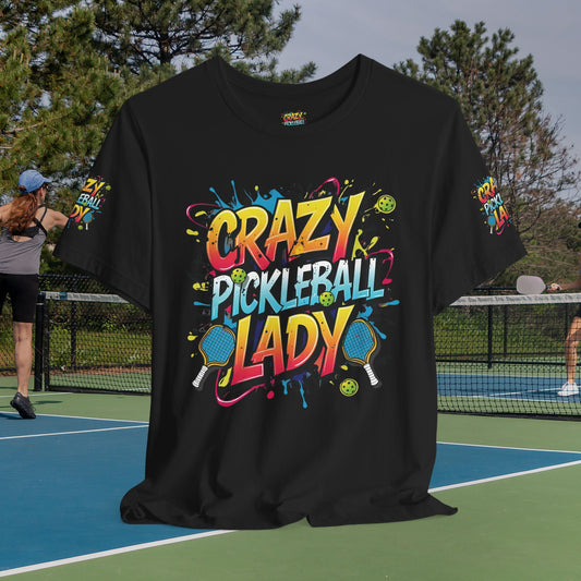 Eye-Catching  Crazy  Pickleball  Lady  T-Shirt - Fun  Graphic  Tee  for  Pickleball  Enthusiasts   Sizes  XS-5XL