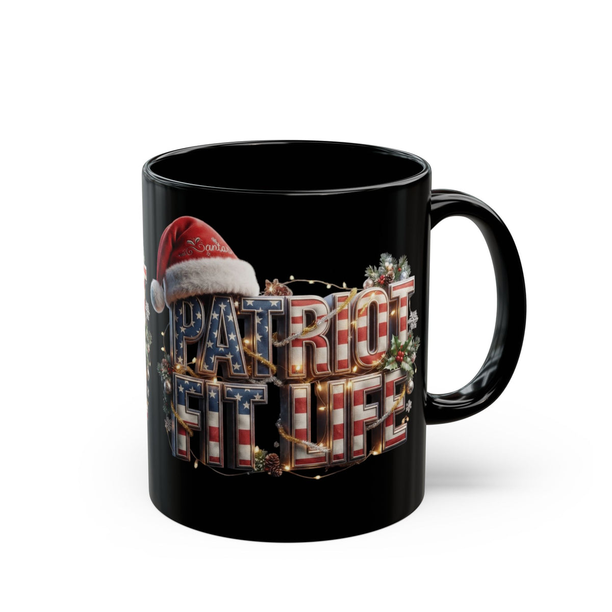 A black ceramic mug featuring a festive 'Patriot Fit Life' graphic with a red Santa hat, American flag-patterned letters, and holiday lights, shown against a white background.