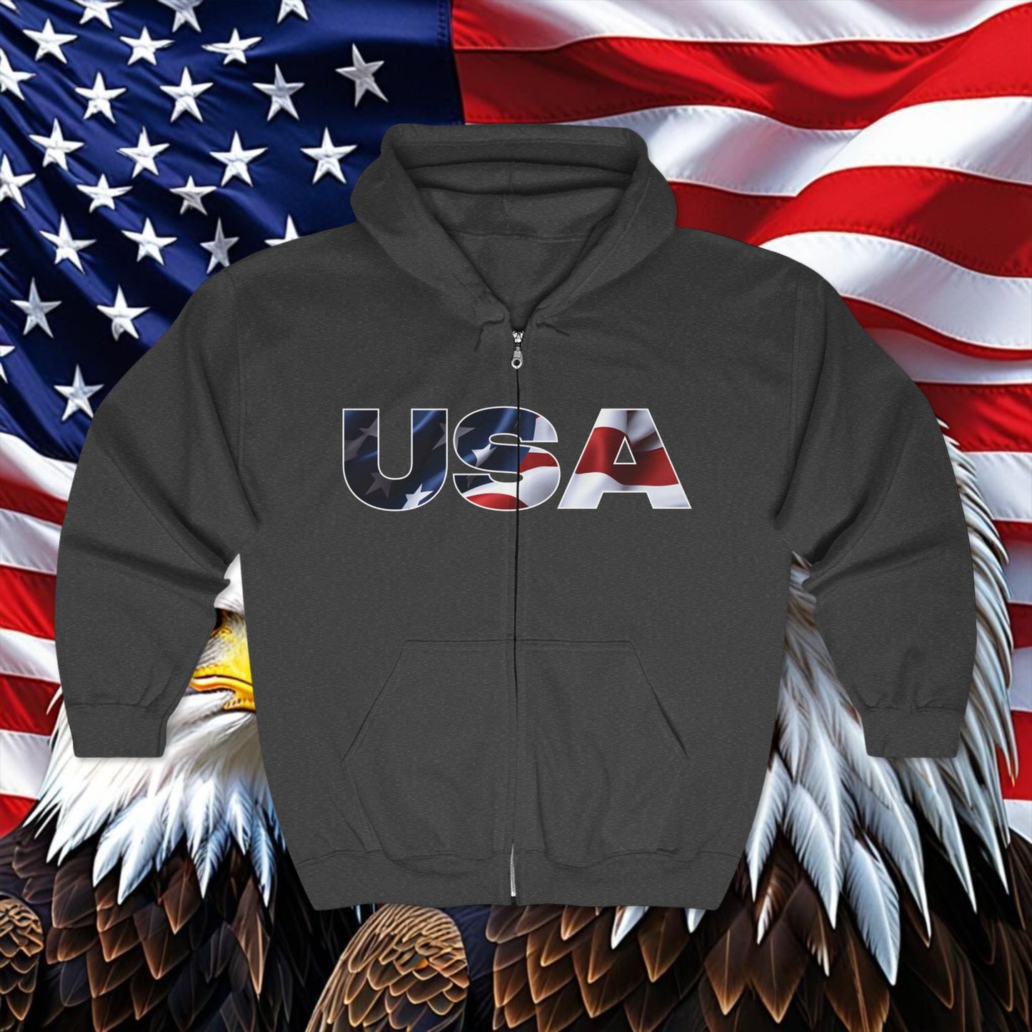 💥 USA 💥 Red  White  &  Blue 💥 Full  Zip 💥 Hooded  Sweatshirt 💥 4  Colors 💥 Sport  Grey 💥 Black 💥 Dark  Heather 💥 Navy 💥 Sizes  S  -  3XL  💥