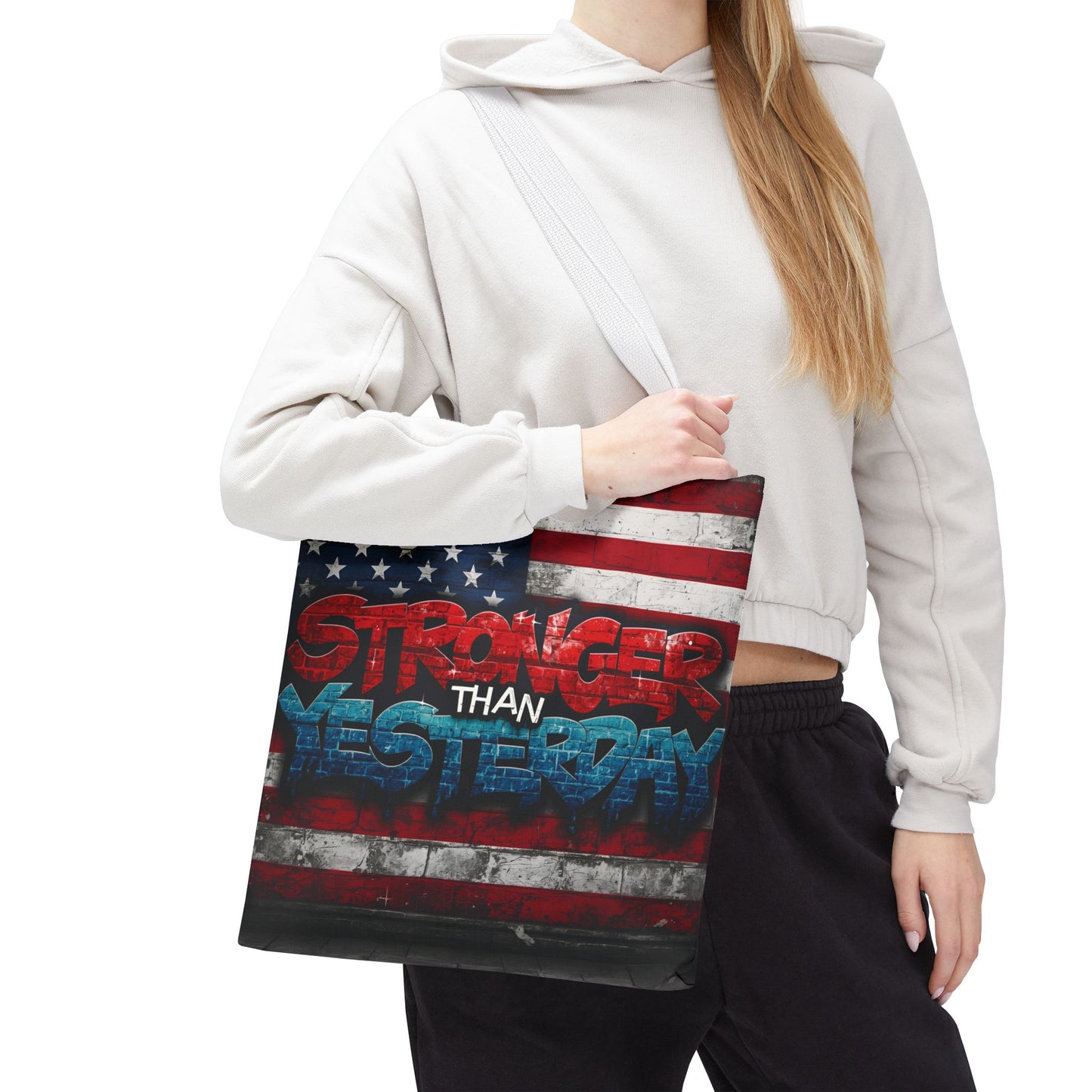 Patriotic Red White Blue Tote Bag - Stronger Than Yesterday - American Flag - Perfect for Fourth of July - Gym - Beach - Shopping - Gifts