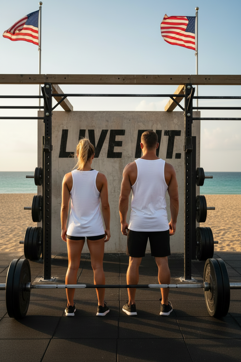 Two people standing with their backs to the camera in a gym setting on a beach, wearing matching white tank tops and black shorts. A barbell rack, weight plates, and a concrete wall with the text 'LIVE FIT.