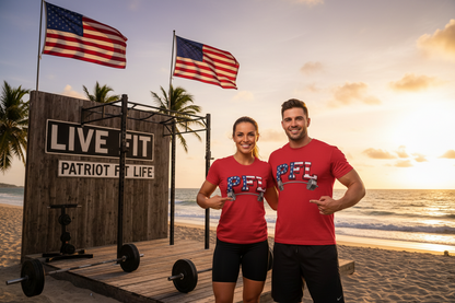 PFL Patriot Fit Life T-Shirt | American Flag Barbell Weightlifting Tee – LIVE FIT