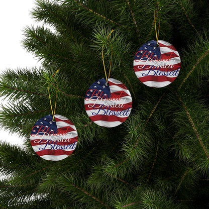 Patriotic Ceramic Ornaments - Blessed Design - American Flag Backdrop - Red White & Blue Blessed Print Design - (Multi-Pack) Options (1, 3, 5, or 10 pieces)