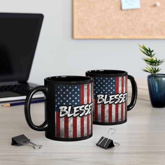 Sleek Ceramic Black Mug Blessed - American Flag - Patriotic Coffee Lover Gift - Home Decor - 11oz - 15oz