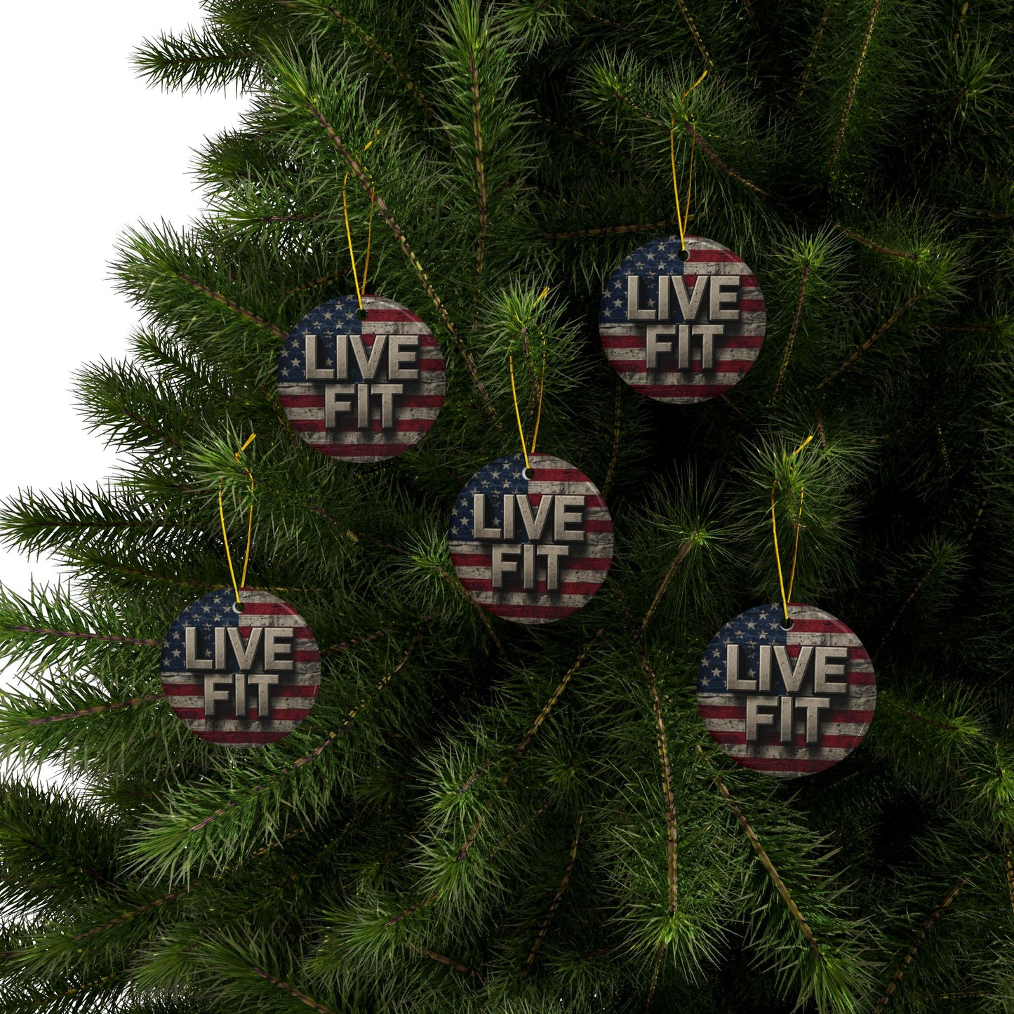 Stunning Patriotic Ceramic Ornaments - Live Fit - Vintage American Flag Backdrop - Decorative Holiday Decor (Various Packs 1-10) - Same Design Both Sides - Fitness