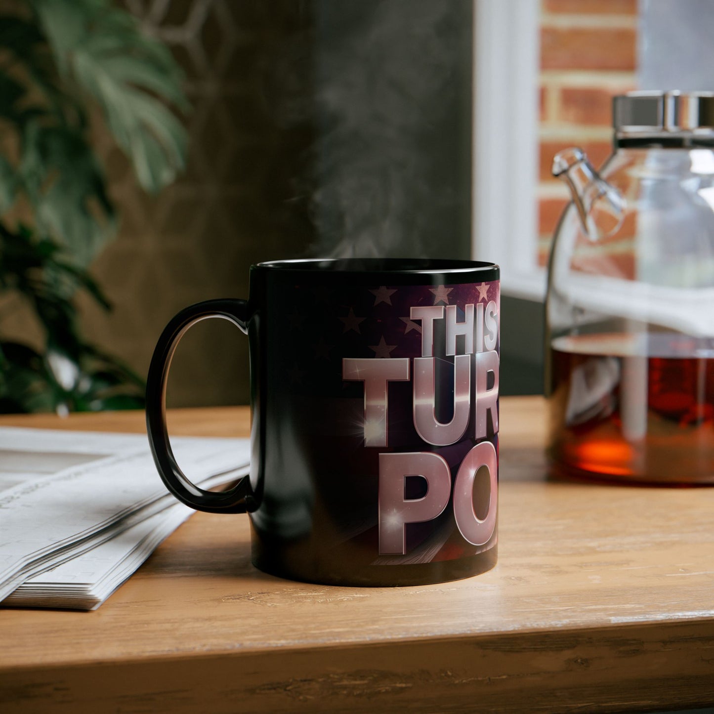 This Is The Turning Point! American Flag Backdrop Design - Sleek Motivational Ceramic Black Mug - 11oz - 15oz -