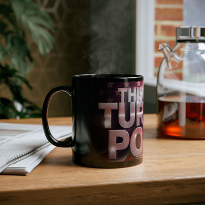 This Is The Turning Point! American Flag Backdrop Design - Sleek Motivational Ceramic Black Mug - 11oz - 15oz -