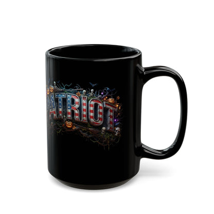 Patriot Halloween Black Coffee Mug - Skeleton Pumpkin Panoramic Flag Graphic | Spooky Edition | 11oz & 15oz