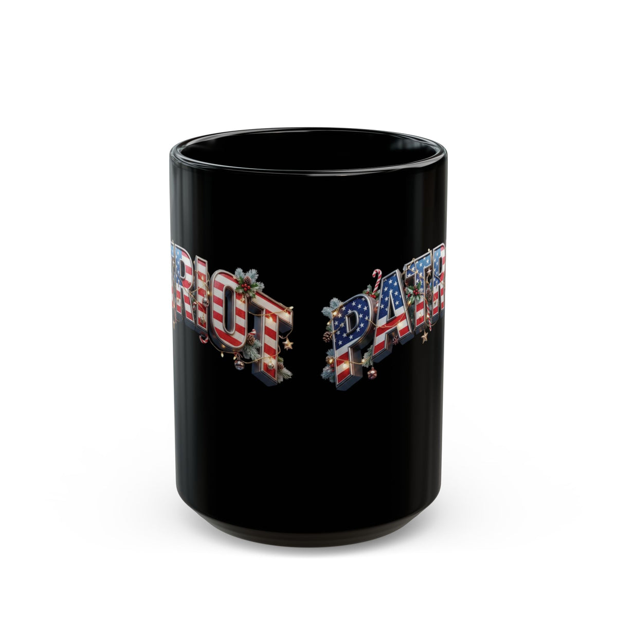 Patriot Christmas Black Coffee Mug - Flag Letters with Holly & Candy Canes | 11oz & 15oz