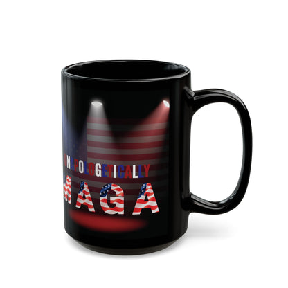 Unapologetically MAGA - Red White Blue - American Flag Spotlight Design - USA Pride - Sleek Black Ceramic Mug - 11oz - 15oz