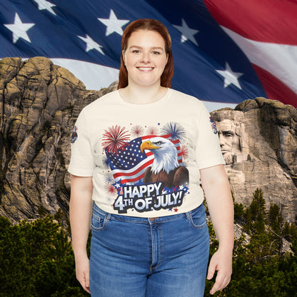Happy 4th of July,  Print Design, Unisex T-Shirt, Patriotic Print Design, Independence Day Shirt, Red White Blue Shirt, USA Tee Gift, Gift For Her, Gift For Him, American Flag, Bald Eagle