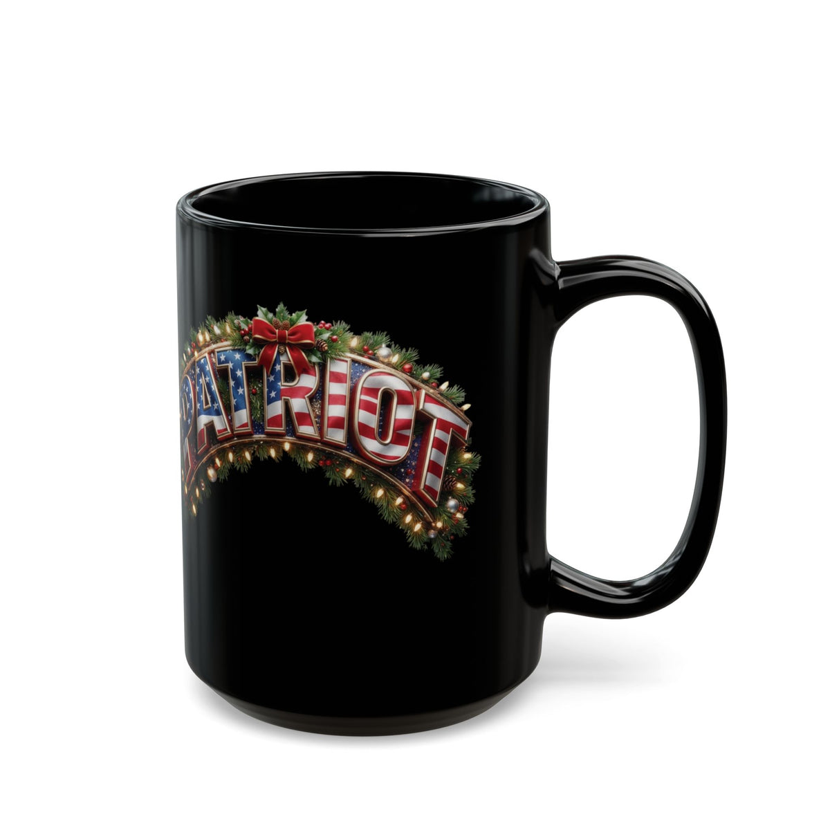 Patriot Holiday Mug — Festive American Flag Lettering on Glossy Black Ceramic Coffee Mug