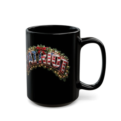 Patriot Holiday Mug — Festive American Flag Lettering on Glossy Black Ceramic Coffee Mug