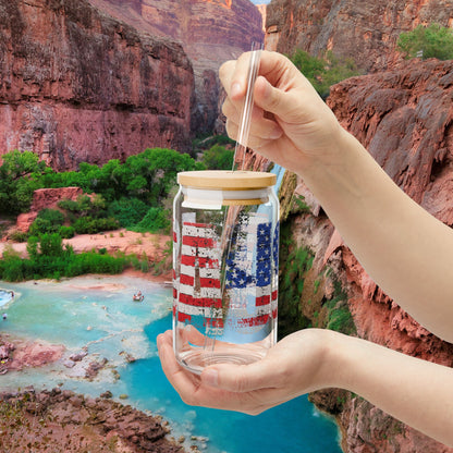 💥 USA Pride 💥 16 oz 💥 Clear 💥 Tempered 💥 Sipper Glass 💥Gasket-Push Bamboo Lid 💥