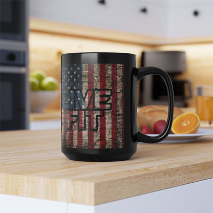 Sleek - Ceramic Black Mug - LIVE FIT - Vintage American Flag Backdrop Design - Gift for Patriots and Coffee Lovers - 11oz - 15oz -