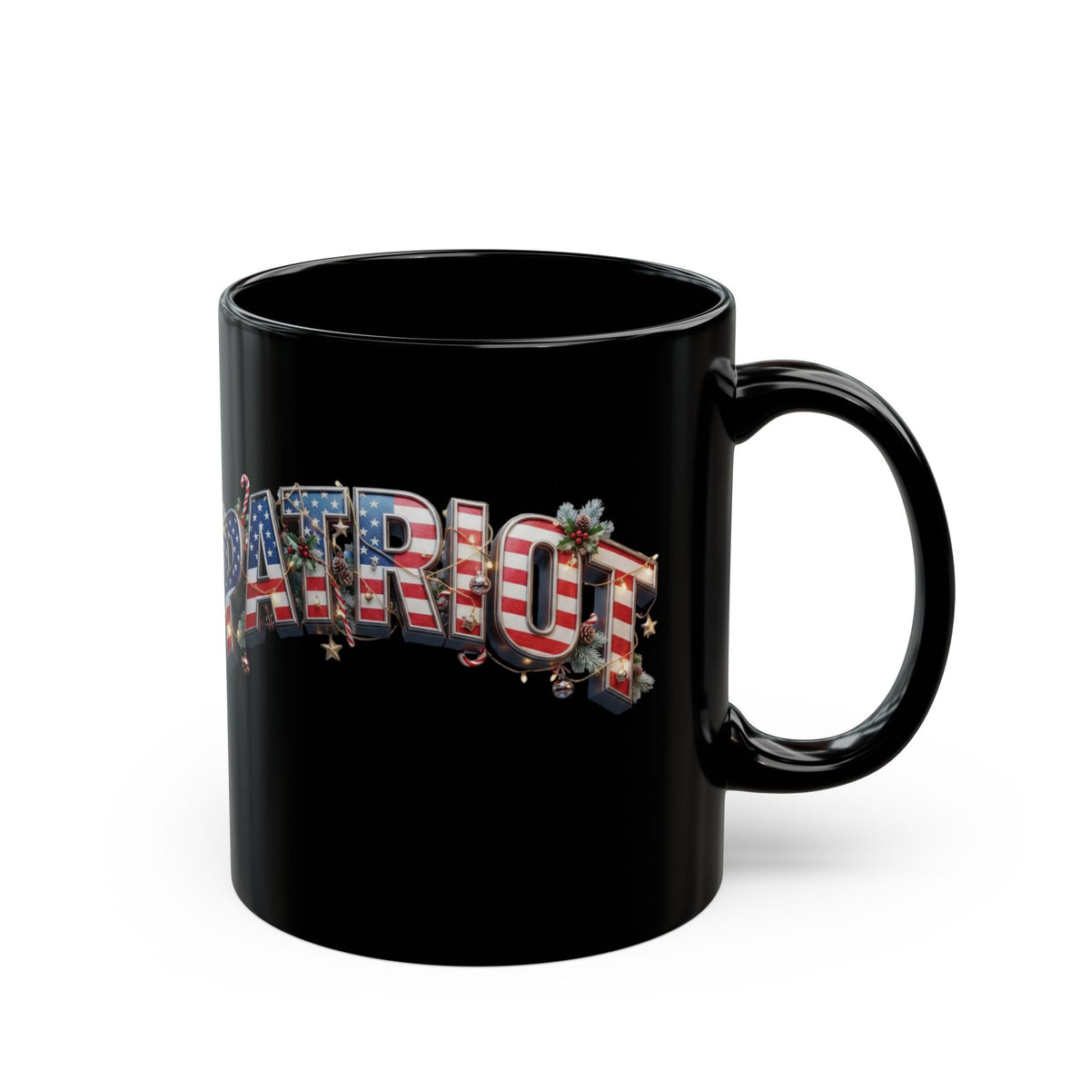 Patriot Christmas Black Coffee Mug - Flag Letters with Holly & Candy Canes | 11oz & 15oz