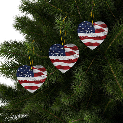 Ceramic Ornaments - White Blessed Print - American Flag Backdrop - Red White & Blue Design (1-10pcs)