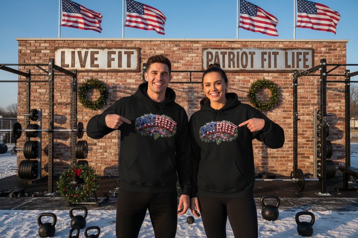 Patriot Christmas Hoodie - Arched PATRIOT Flag & Wreath Americana Graphic | Unisex S-5XL