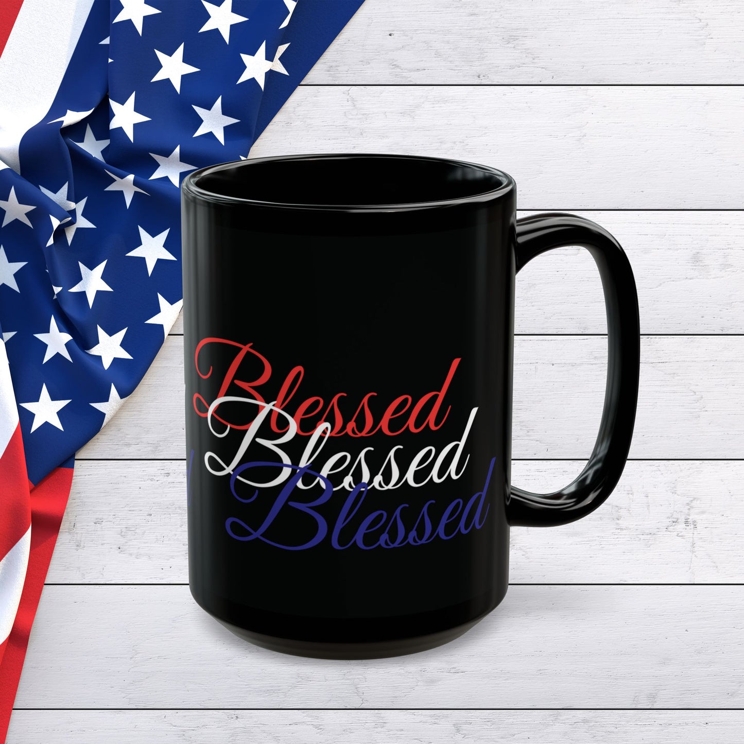 Ceramic Black Mug -  11oz - 15oz - Blessed Red White & Blue Print - American Flag Colors - Ideal for Veterans Day and Independence Day