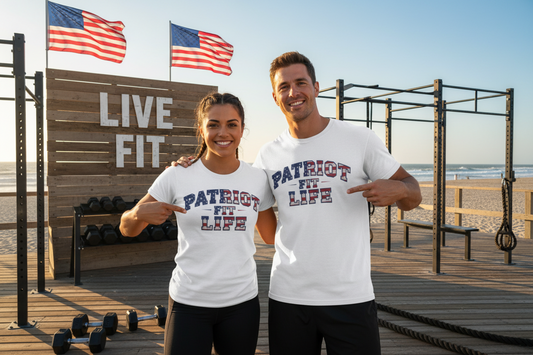 Two people wearing 'Patriot Fit Life' t-shirts in an outdoor fitness setting with American flags and 'Live Fit' sign.