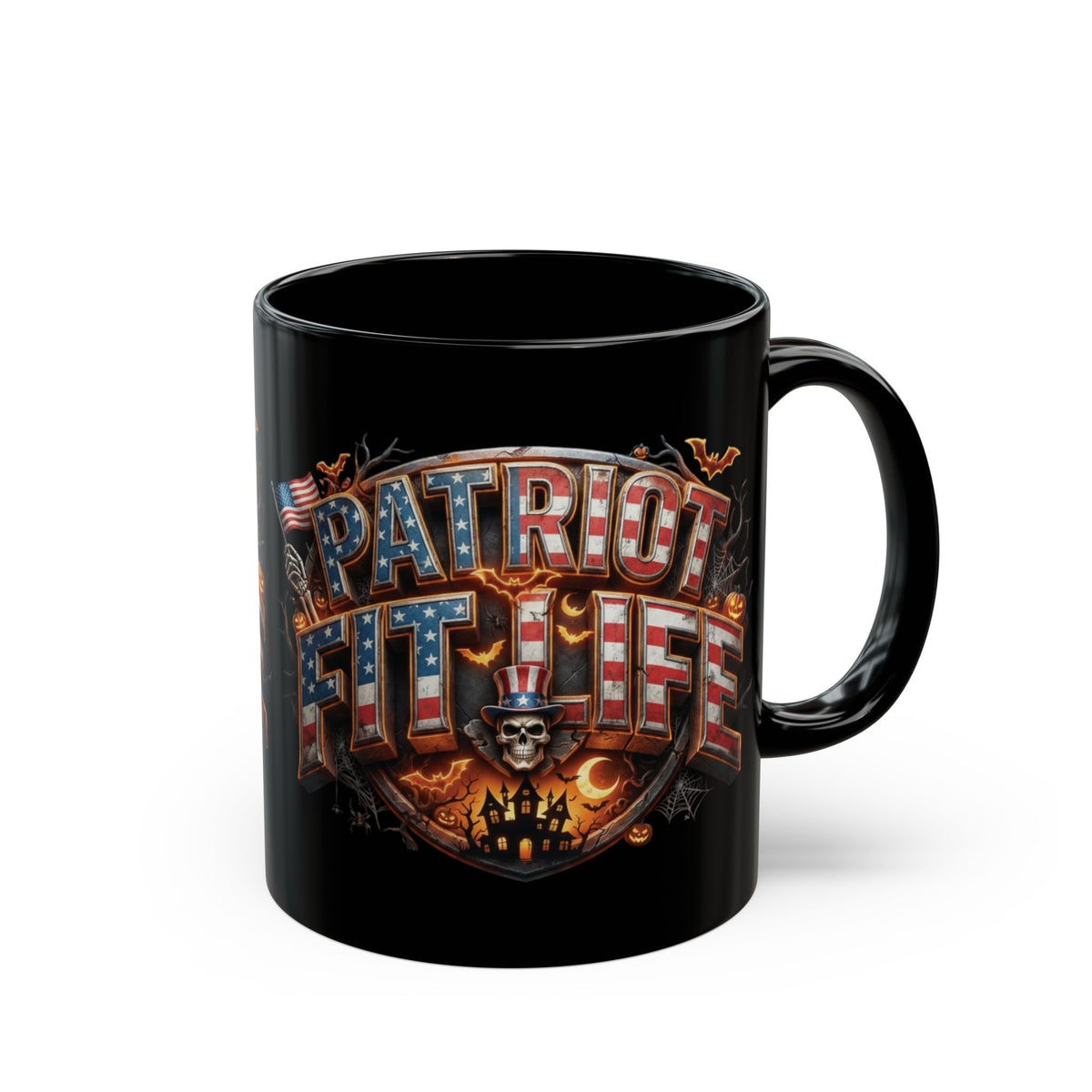Patriot Fit Life Halloween Black Coffee Mug - Skull Crest Haunted Flag Graphic | 11oz & 15oz