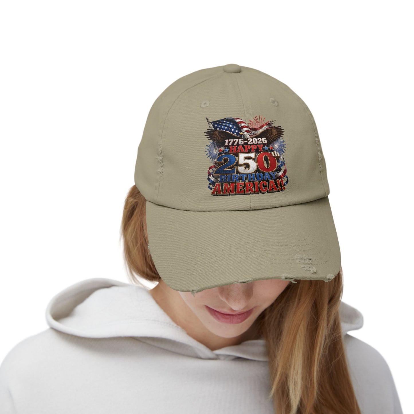 250th American Flag Fireworks Distressed Cap — 1776-2026 Patriotic Hat