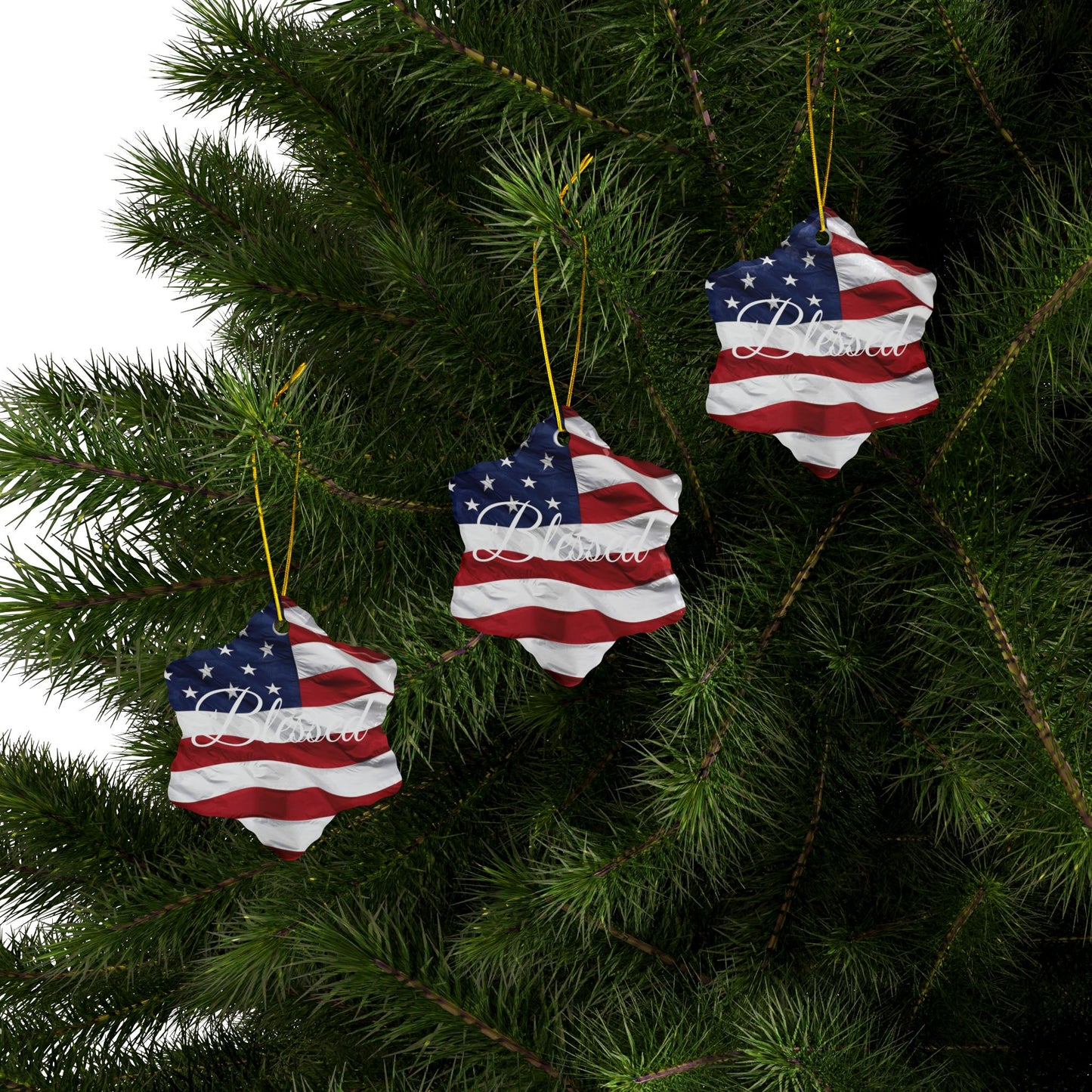 Ceramic Ornaments - White Blessed Print - American Flag Backdrop - Red White & Blue Design (1-10pcs)