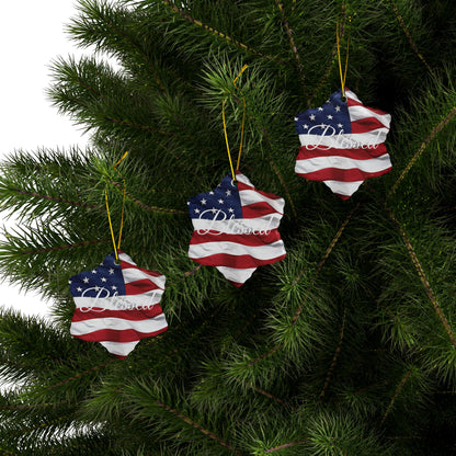 Ceramic Ornaments - White Blessed Print - American Flag Backdrop - Red White & Blue Design (1-10pcs)