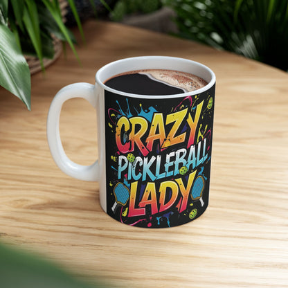 Colorful Crazy Pickleball Lady Mug, 11oz & 15oz, Fun Sports Gift for Pickleball Enthusiasts, Unique Ceramic Coffee Cup, Perfect for Birthdays