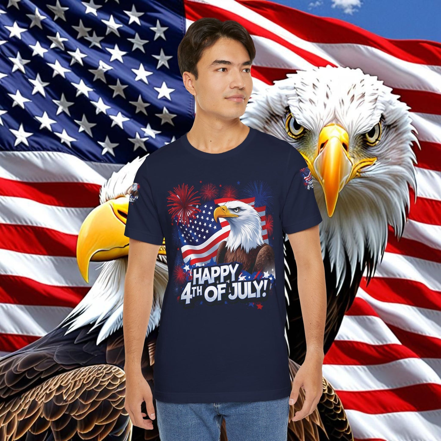 Happy 4th of July,  Print Design, Unisex T-Shirt, Patriotic Print Design, Independence Day Shirt, Red White Blue Shirt, USA Tee Gift, Gift For Her, Gift For Him, American Flag, Bald Eagle