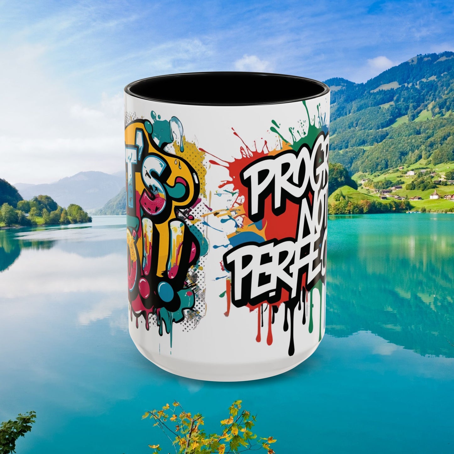 Vibrant   Ceramic  Mug    Inspirational      Let's Go!     Graffiti  Mug      Coffee Mug        Progress  Not  Perfection   Sizes   11oz  &  15oz    Birthday Gift   Graduation Gift    8  Different  Color Options
