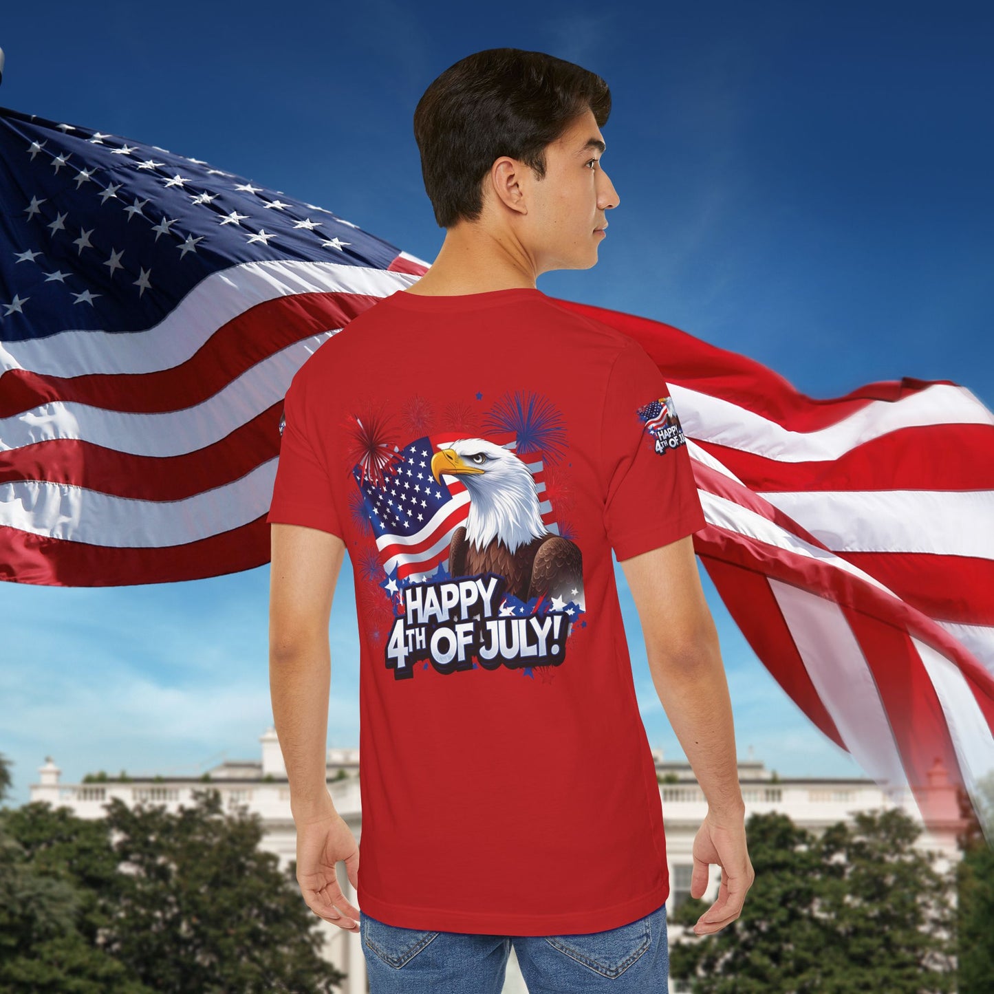 Happy 4th of July,  Print Design, Unisex T-Shirt, Patriotic Print Design, Independence Day Shirt, Red White Blue Shirt, USA Tee Gift, Gift For Her, Gift For Him, American Flag, Bald Eagle