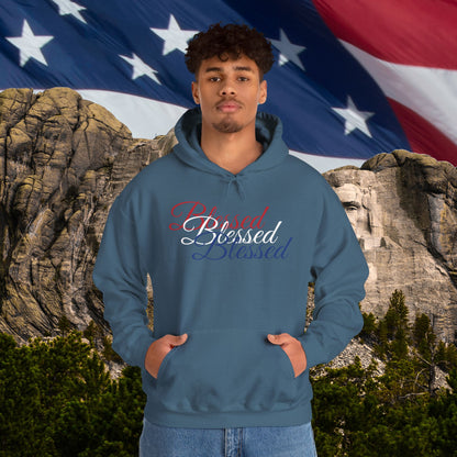 Blessed Hoodie – Patriotic Red, White & Blue Unisex Pullover Sweatshirt with Front & Back Print – Cozy, Positive Vibes Gift