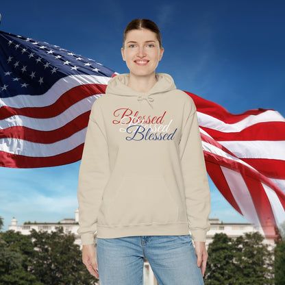 Blessed Hoodie – Patriotic Red, White & Blue Unisex Pullover Sweatshirt with Front & Back Print – Cozy, Positive Vibes Gift