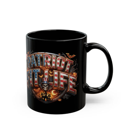 Patriot Fit Life Halloween Black Coffee Mug - Skull Crest Haunted Flag Graphic | 11oz & 15oz