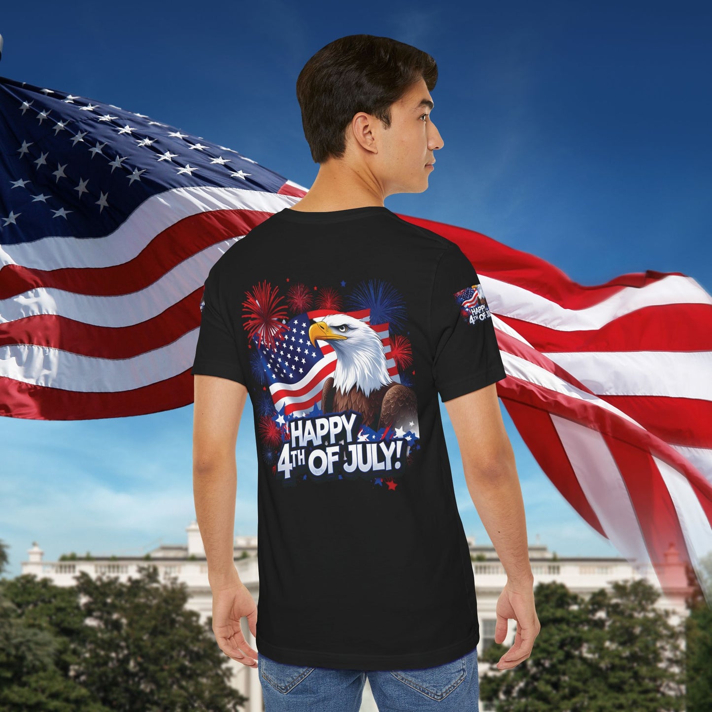 Happy 4th of July,  Print Design, Unisex T-Shirt, Patriotic Print Design, Independence Day Shirt, Red White Blue Shirt, USA Tee Gift, Gift For Her, Gift For Him, American Flag, Bald Eagle